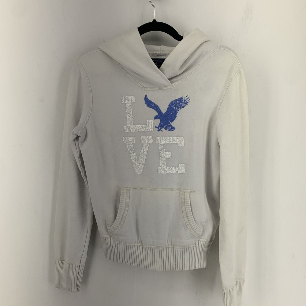 American Eagle Womens Small Hoodie Large Graphic Logo Love Grunge Y2K Distressed